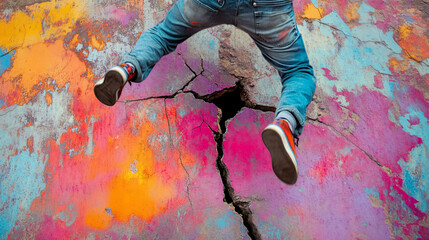 Person jumping over cracked, colorful ground.