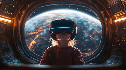 A child in a VR headset floats in a zero-gravity virtual space station, gazing through a digital window. The scene feels futuristic, ideal for promoting VR technology or space-themed learning tools.