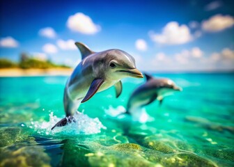 Obraz premium Adorable Miniature Dolphins Playing in Ocean, Tilt-Shift Photography