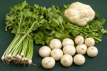 Fresh Green Herbs and Vegetables on a Green Surface with Cauliflower and Potatoes