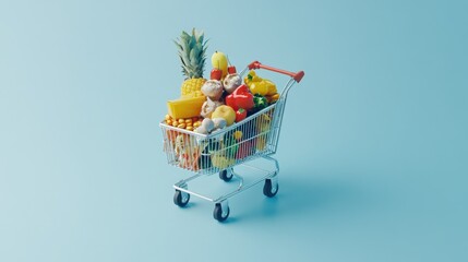 A neatly arranged grocery cart overflowing with colorful food items, isolated on a simple light blue background.