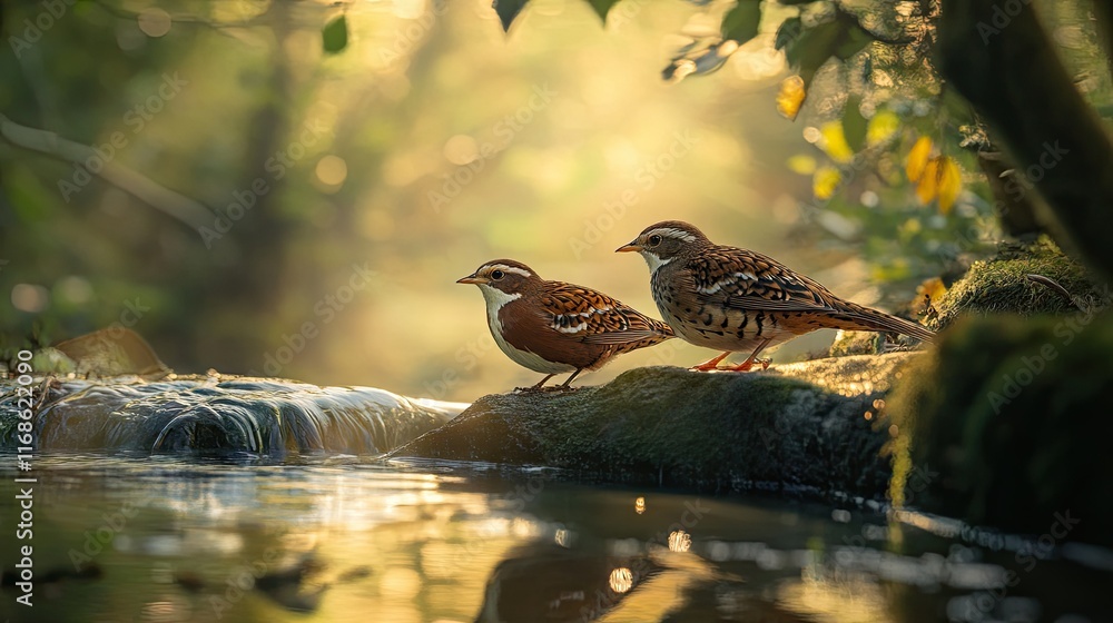 Poster a northern bobwhite and its mate drinking side by side at a tranquil stream, with soft light filteri