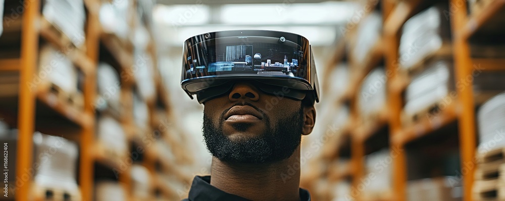 Poster warehouse worker using virtual reality headset for inventory management