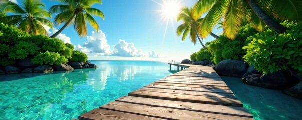 Sun-drenched wooden dock extends over calm turquoise water, lush tropical foliage , caribbean, palm trees, photography