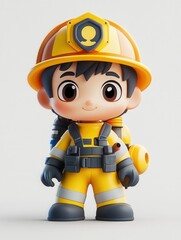 3D Cartoon Firefighter Character in Yellow Suit with Protective Helmet and Breathing Apparatus
