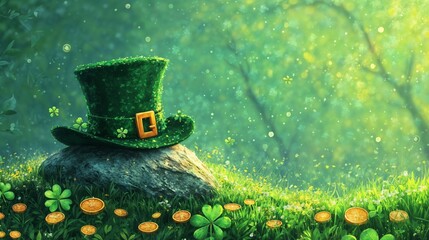 Leprechaun hat with coins and clover in a magical green forest.Luck. Magic. Fantasy.St. Patrick’s Day, festive green design, leprechaun theme, event promotion, lucky charm, holiday decor, seasonal fly