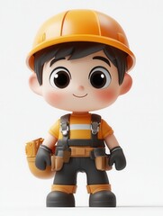 3D Cartoon-Style Boy Builder in a Construction Helmet and Work Outfit on a White Background