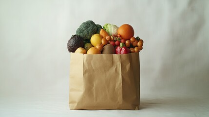 A paper bag full of fruits, vegetables, and nuts, placed on a white background with enough space above for a text banner highlighting the importance of healthy eating.