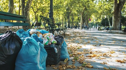 A park waste disposal area showing multiple garbage bags and an overfilled bin, with a view of trees and benches in the background.