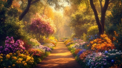 A peaceful garden path lined with colorful blooms, framed by tall trees and bathed in the golden light of a setting sun.