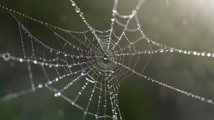 A close-up of a spiderweb with dew droplets, creating a mesmerizing pattern. The image is a perfect example of nature's artistry.