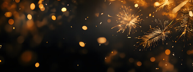 Beautiful sparkling celebration background with golden bokeh and fireworks effect