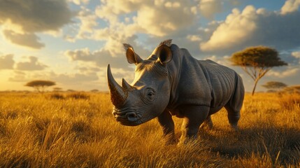 A rare black rhinoceros standing proudly in the African grasslands, its unique horn and strong presence making it a symbol of the wild.