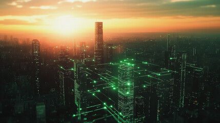 Fototapeta premium Smart digital Innovation city with connection network reciprocity over the cityscape. of future smart wireless digital city and social media networking systems that connects people with in city