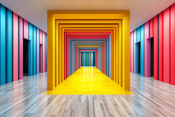 Colorful Abstract Interior Design With Vibrant Geometric Patterns and Wooden Flooring