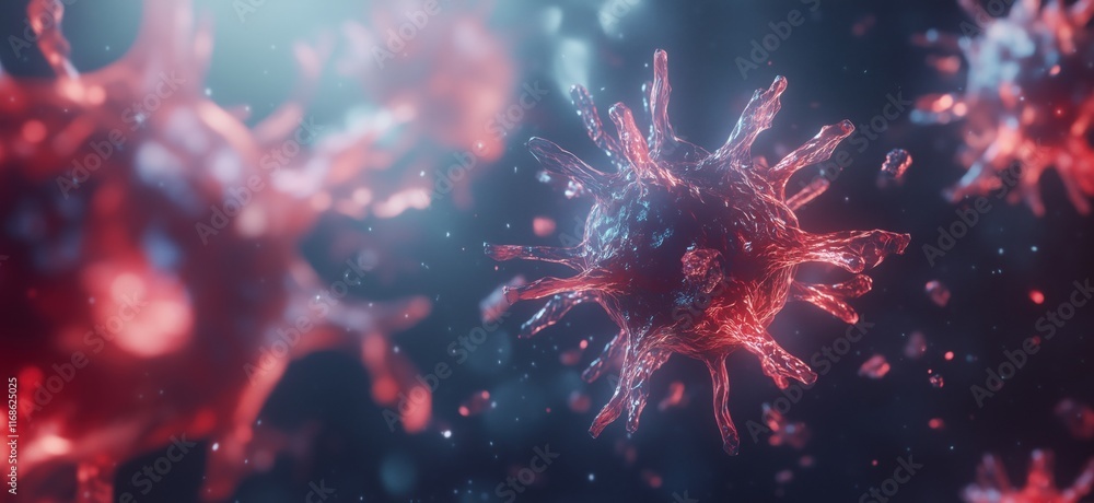 Poster microscopic view of virus particles showcasing intricate structures and vibrant colors, highlighting