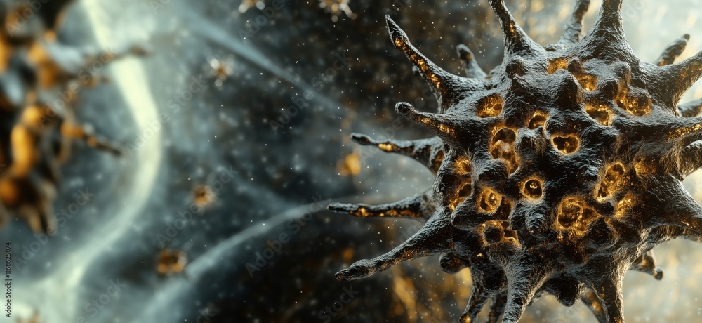 Poster microscopic view of virus structure showcasing spiky surface and intricate details, highlighting bio