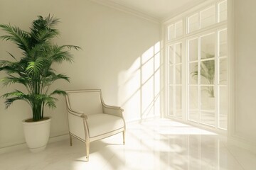Bright and Airy Room with Elegant Chair and Lush Green Plant by Large Windows