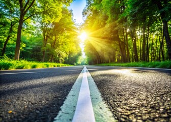 Fresh Asphalt Road Stripe, Close-Up View, Sunny Day, Trees, Nature