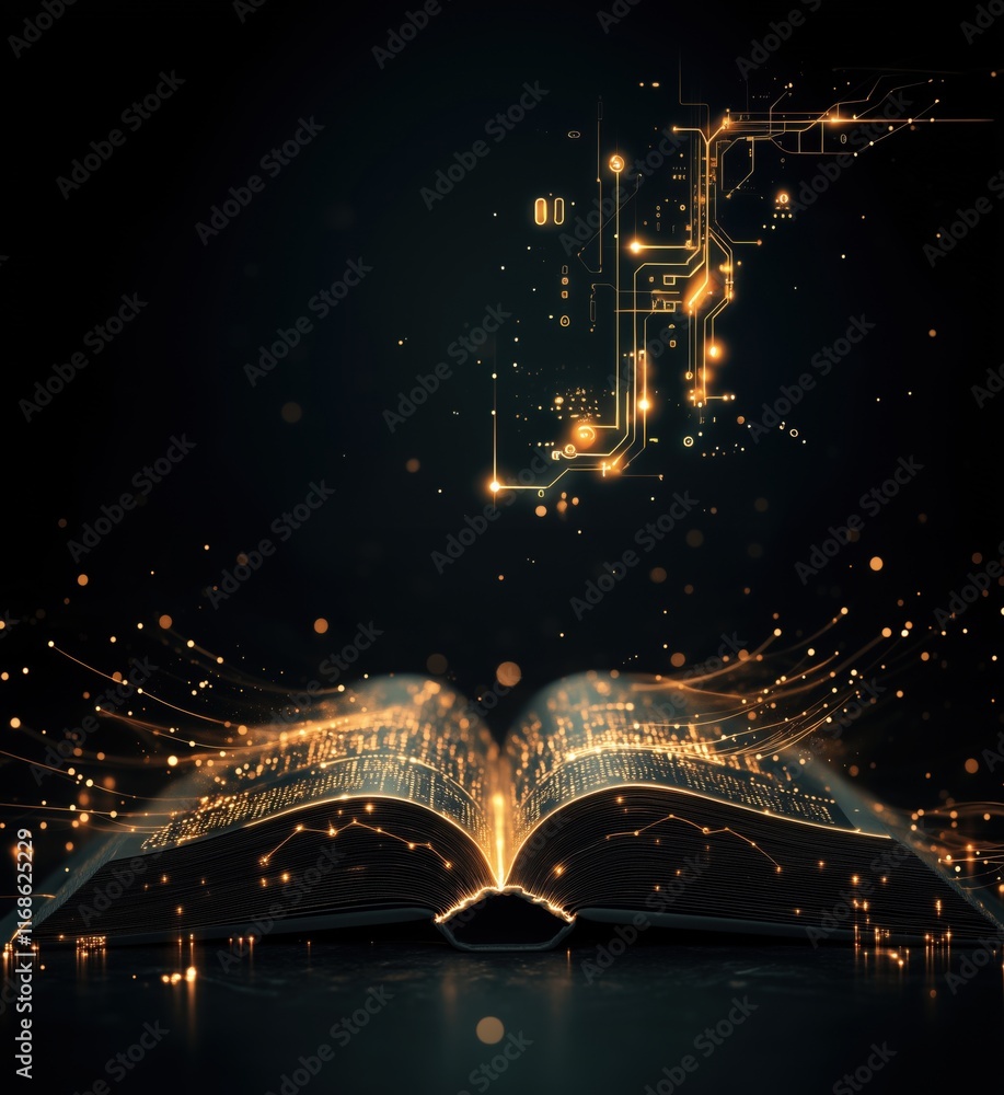 Poster illuminated open book with digital circuitry and glowing particles representing knowledge and techno