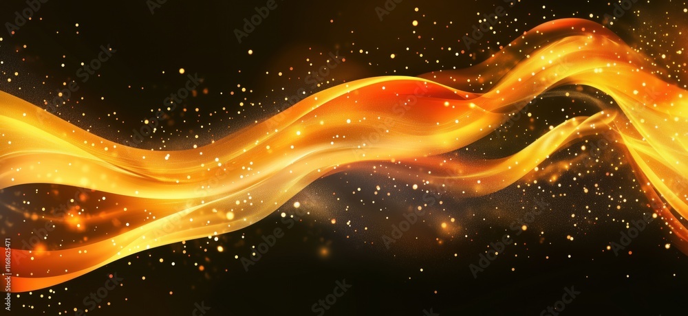 Poster golden flowing waves with sparkling particles creating a dynamic and vibrant background, copy space 