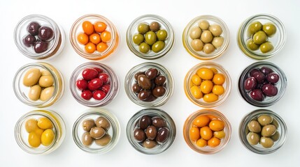 A selection of glass jars filled with various pickled olives, arranged neatly on a white background, showing off the different shapes and colors.
