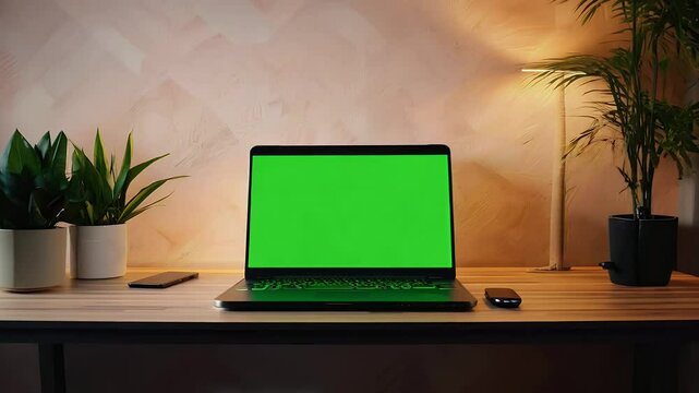 sleek home workspace setup features laptop green screen minimalist desk perfect creative customization high resolution
