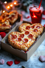 Heart shaped pizza with pepperoni and drink, perfect for Valentine Day!