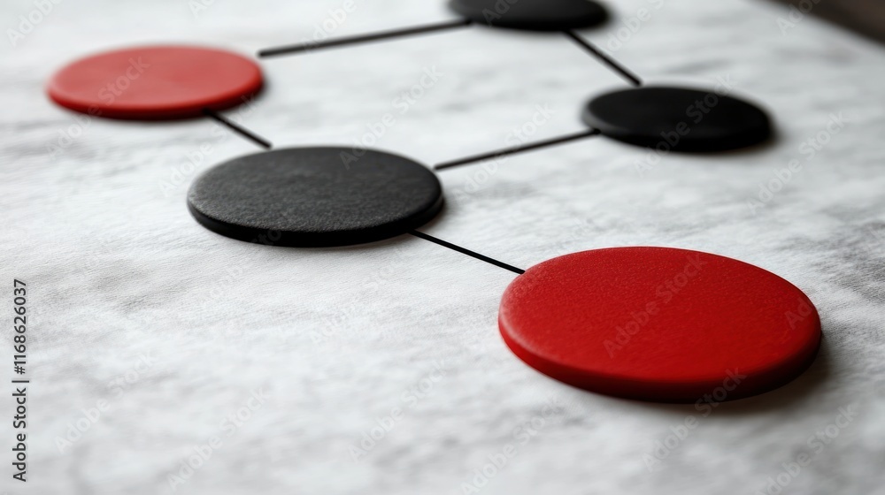 Poster red and black connected circles on textured surface.