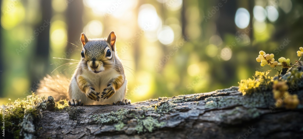 Poster squirrel perched on log in sunlit forest, showcasing vibrant fur and curious expression, surrounded 