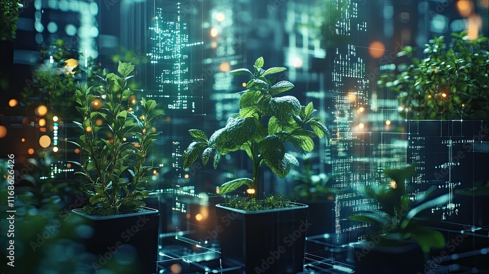 Poster ai in building sector, visualizing artificial intelligence as light traces on buildings. night-time 