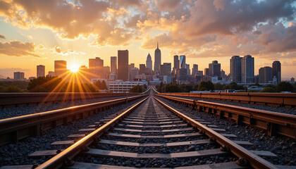 Fototapeta premium Urban railway tracks leading to city skyline at sunset, urban exploration