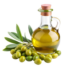 Bottle of olive oil with green olives isolated on transparent background