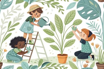 Obraz premium seamless background with children, plant, nature, wallpaper, background, fabric, textile.