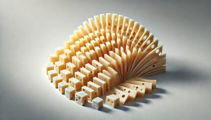Cheese dices and slices on white background, minimalistic food. Generated by AI