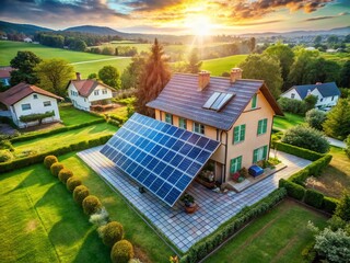 Obraz premium Aerial Double Exposure: Solar Panels & Home, Sustainable Energy Solution