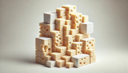 Obraz premium Cheese dices and slices on white background, minimalistic food. Generated by AI