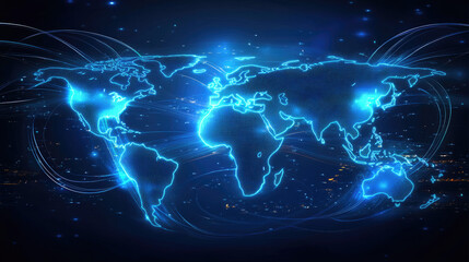 A glowing digital world map featuring a futuristic 3D effect, with light trails representing global travel 