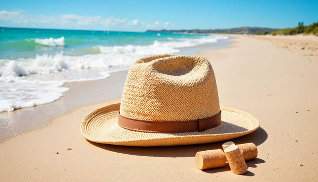 Aussie hat with corks on sandy beach under sunny sky, Australian vibe