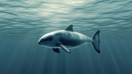 Fototapeta premium A shy vaquita surfacing in calm waters, its distinctive dark eye rings and small dorsal fin reflecting the light.