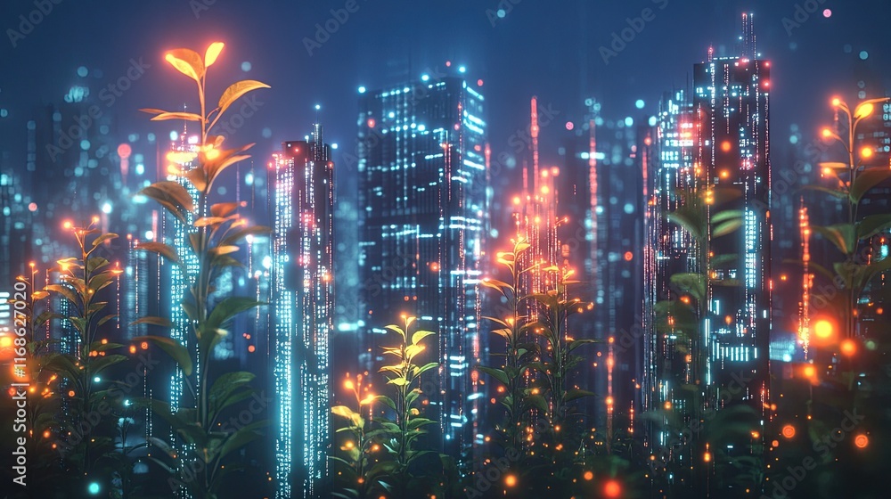 Poster ai in building sector, visualizing artificial intelligence as light traces on buildings.