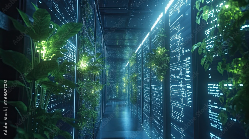 Poster ai in building sector, visualizing artificial intelligence as light traces on buildings.