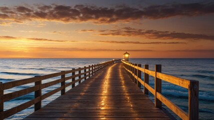 wooden pier path illuminated by a warm glow sunset
