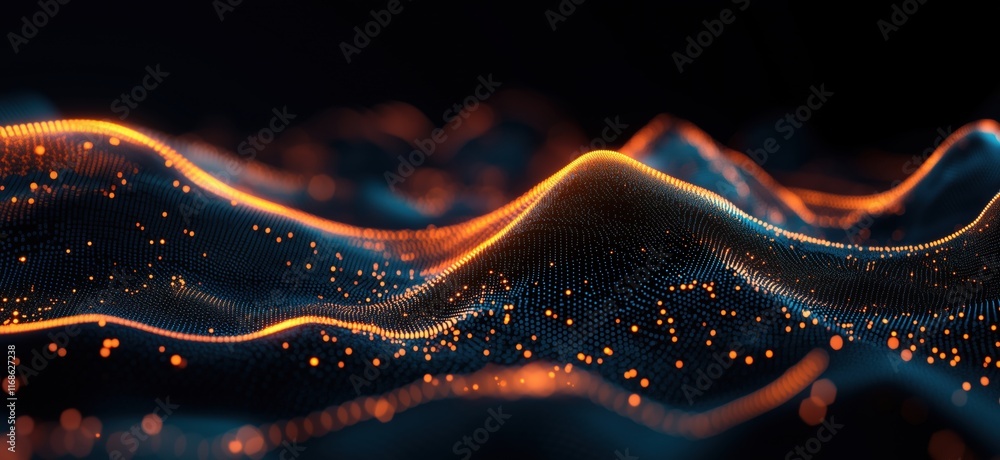 Poster abstract digital landscape with glowing orange and blue wave patterns, representing data visualizati