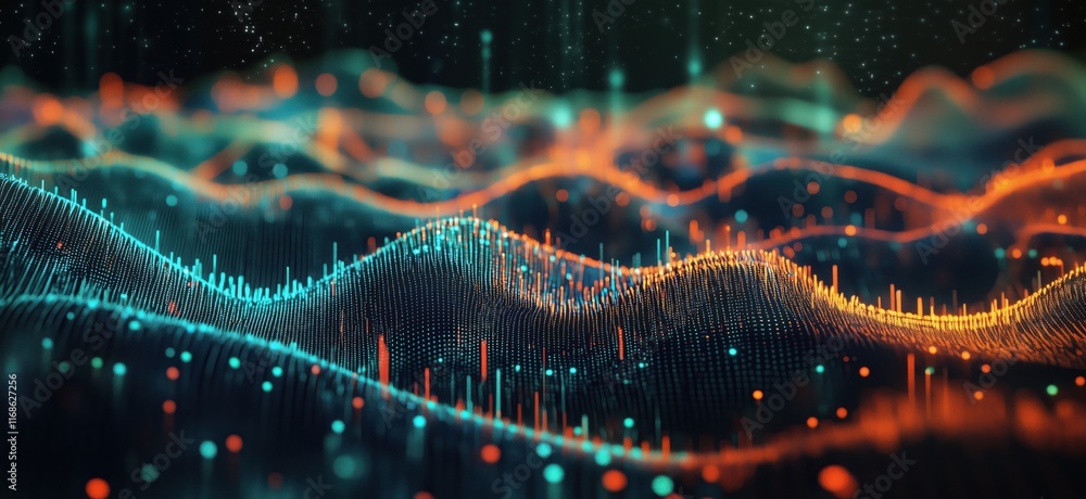 Poster abstract digital landscape with vibrant waves and glowing particles representing data visualization 