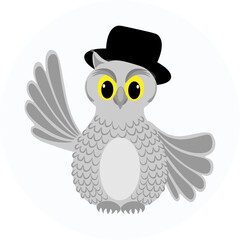 Grey wise owl in a black man's hat