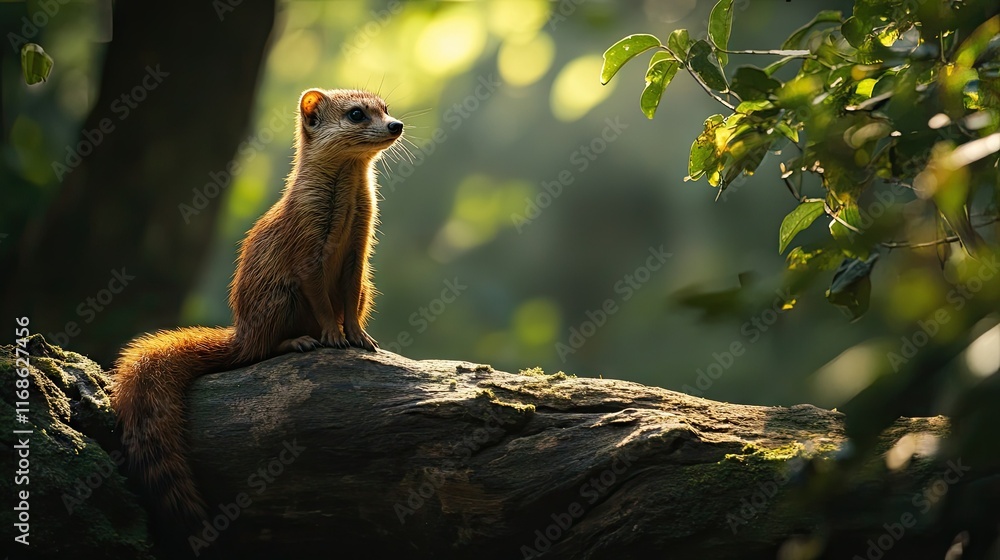 Poster a solitary common mongoose poised on a log, with sunlight filtering through the trees around it.