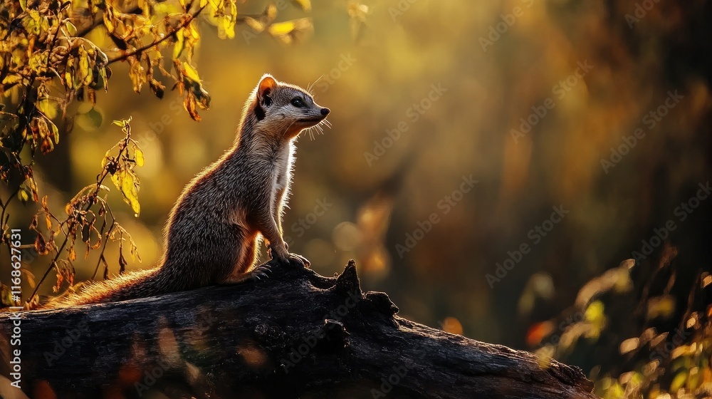 Poster a solitary common mongoose poised on a log, with sunlight filtering through the trees around it.