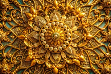 Aerial Drone Shot: Luxurious Gold Floral Pattern Design, Elegant Ornament, Decorative Background