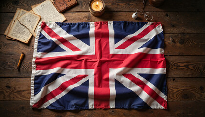 Union flag laid flat on wooden table with vintage items, historical symbolism